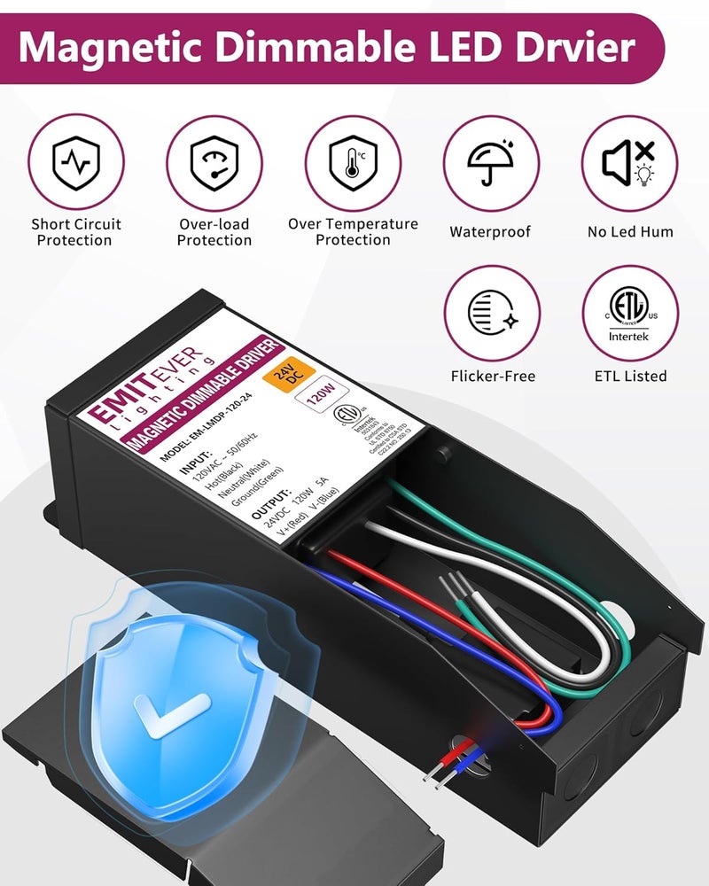 EMITEVER 120W Magnetic Dimmable LED Drvier, 24V Transformer Magnetic Power Supply 120VAC to 24VDC, Compatible with Lutron and Leviton Dimmer, for LED Strip Light,Kitchen,Cabinet,ETL Listed - Image 3